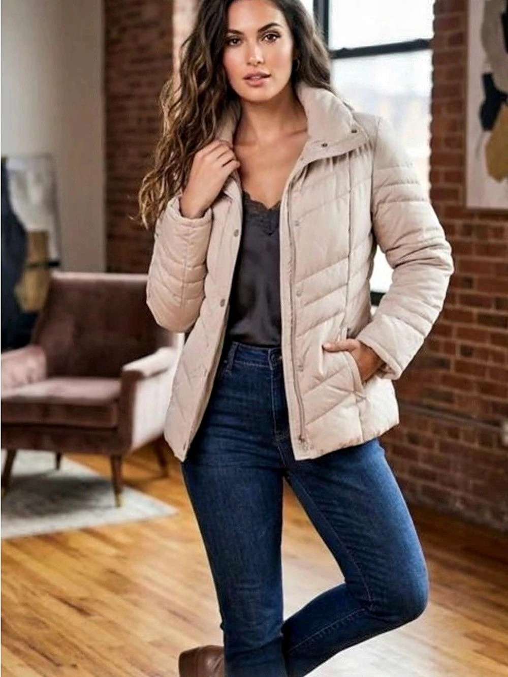 Kenneth Cole Reaction Quilted Puffer down Jacket Beige Medium size S Like New